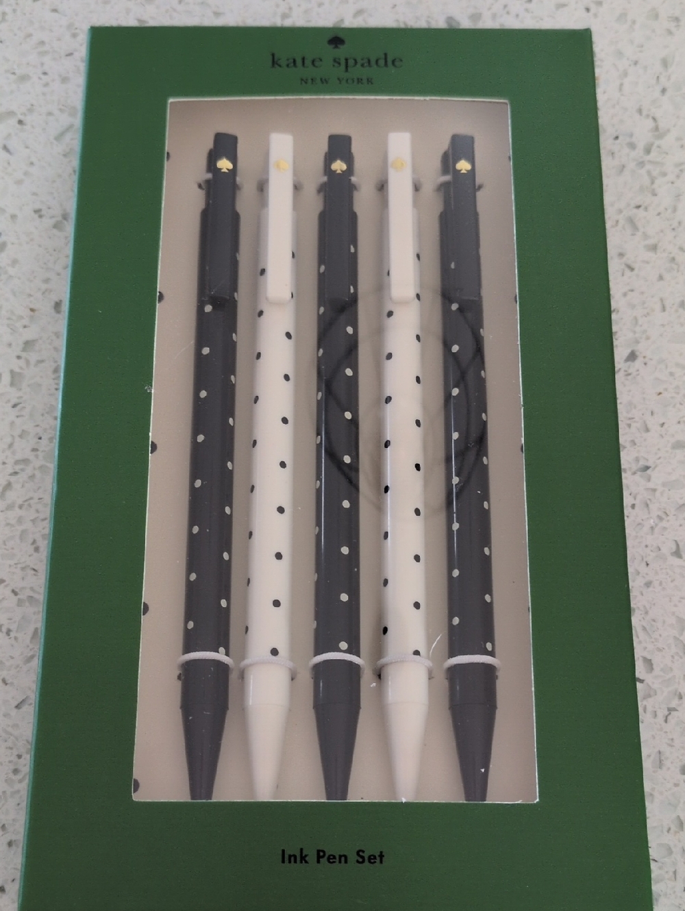 KATE SPADE Black & White Polka Dot Pen Set with Gold Spade Accents
